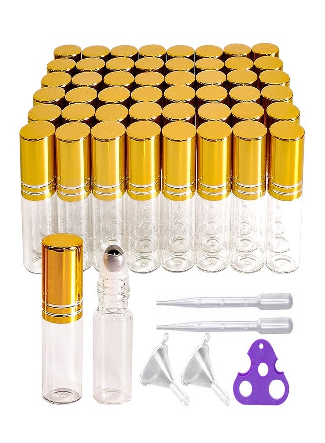 PYAWI 50 PCS Essential Oil Roller Bottles 3ml Clear Glass Roller Bottles with Stainless Steel Roller Ball,Gold Caps,for Travel Perfume-2 Funnels, 2 Dropper, 1 Opener(3ml) - Image 1